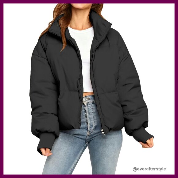 Cropped Puffer Jacket Quilted Zip Up Winter Coat Chic Minimal Y2K Style